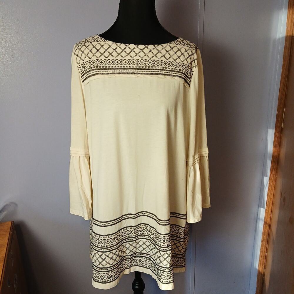 J Jill Shirt Womens L White Black Embroidery Boat Neck Bell Sleeve Tunic Aztec